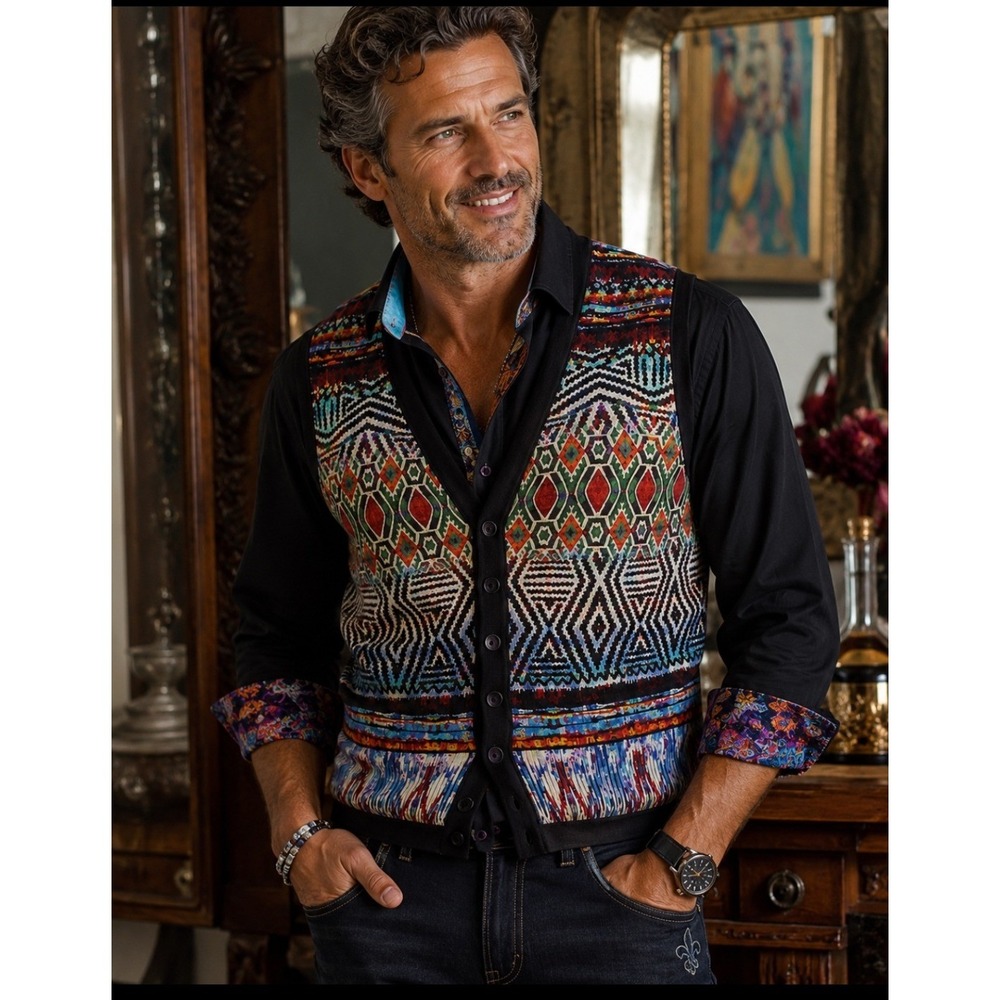 Robert Graham Cardigan Sweater Vest Med Linen Knit Southwestern Tribal Designer